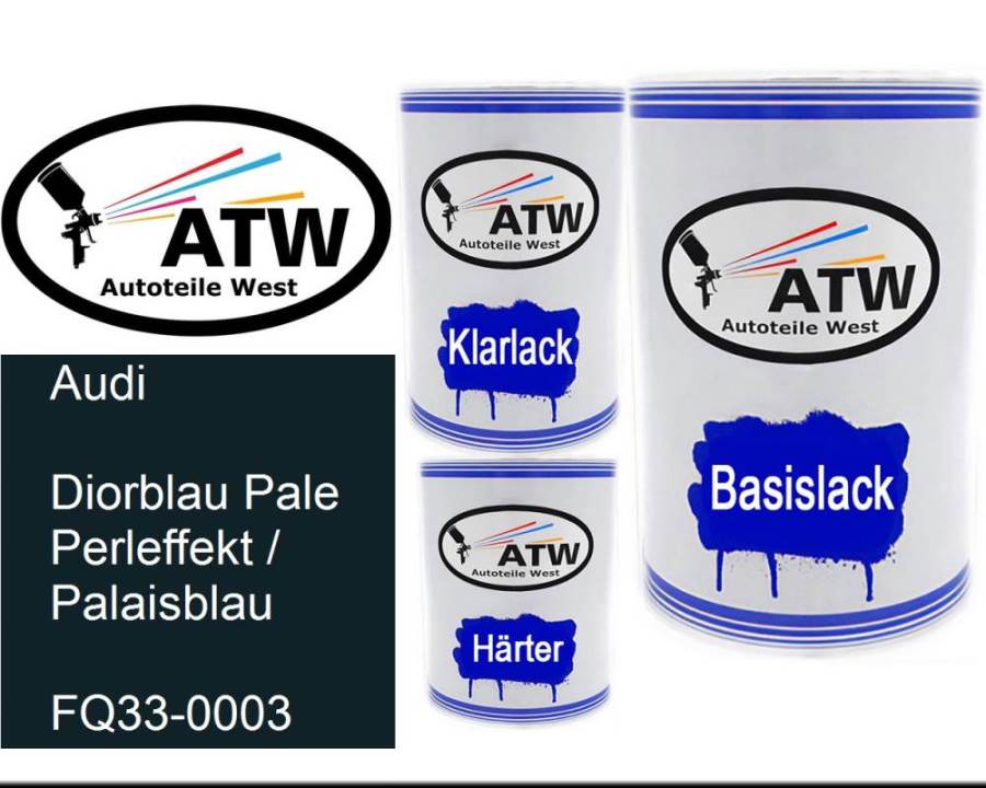 Audi, Diorblau Pale Perleffekt / Palaisblau, FQ33-0003: 500ml Lackdose + 500ml Klarlack + 250ml Härter - Set, von ATW Autoteile West.